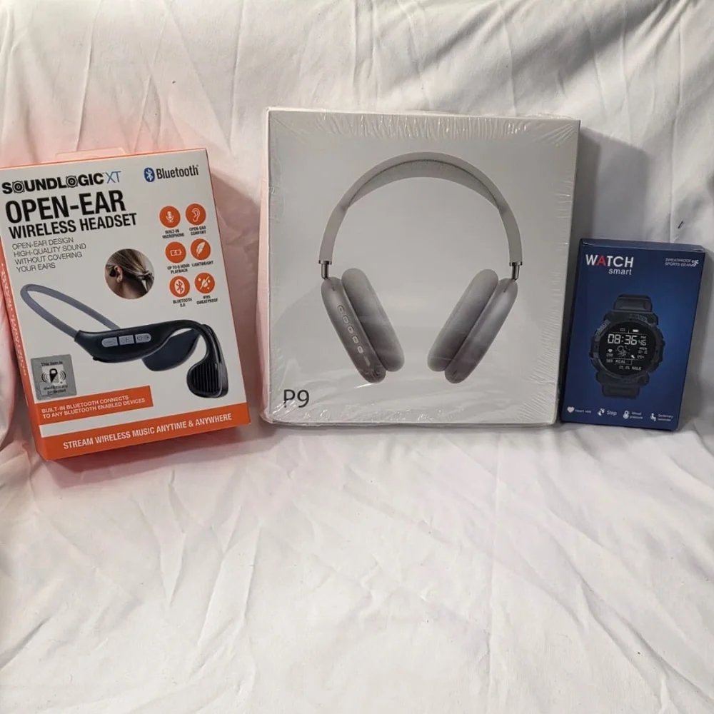 BUNDLE (Grey P9 Wireless Headphones + SoundLogic OpenEar + Black Smart Watch)